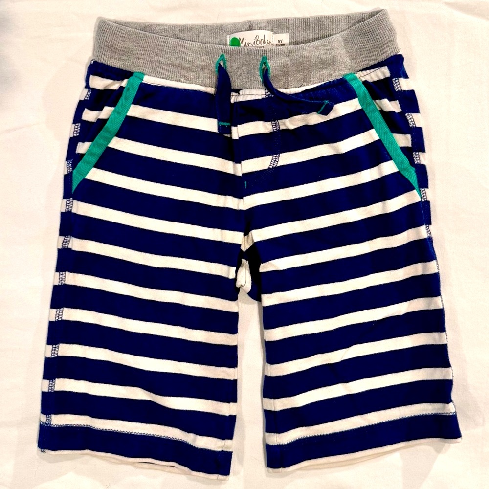 Mini Boden Striped Shorts Boys 5Y Jersey Baggies Cotton Navy Blue White Stripes